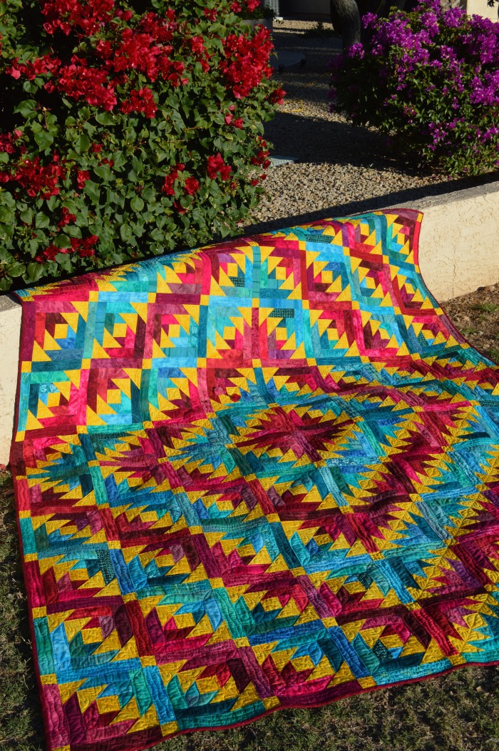 Desert Sunrise Quilt, modern log cabin quilt with batik fabrics by Color Girl Quilts