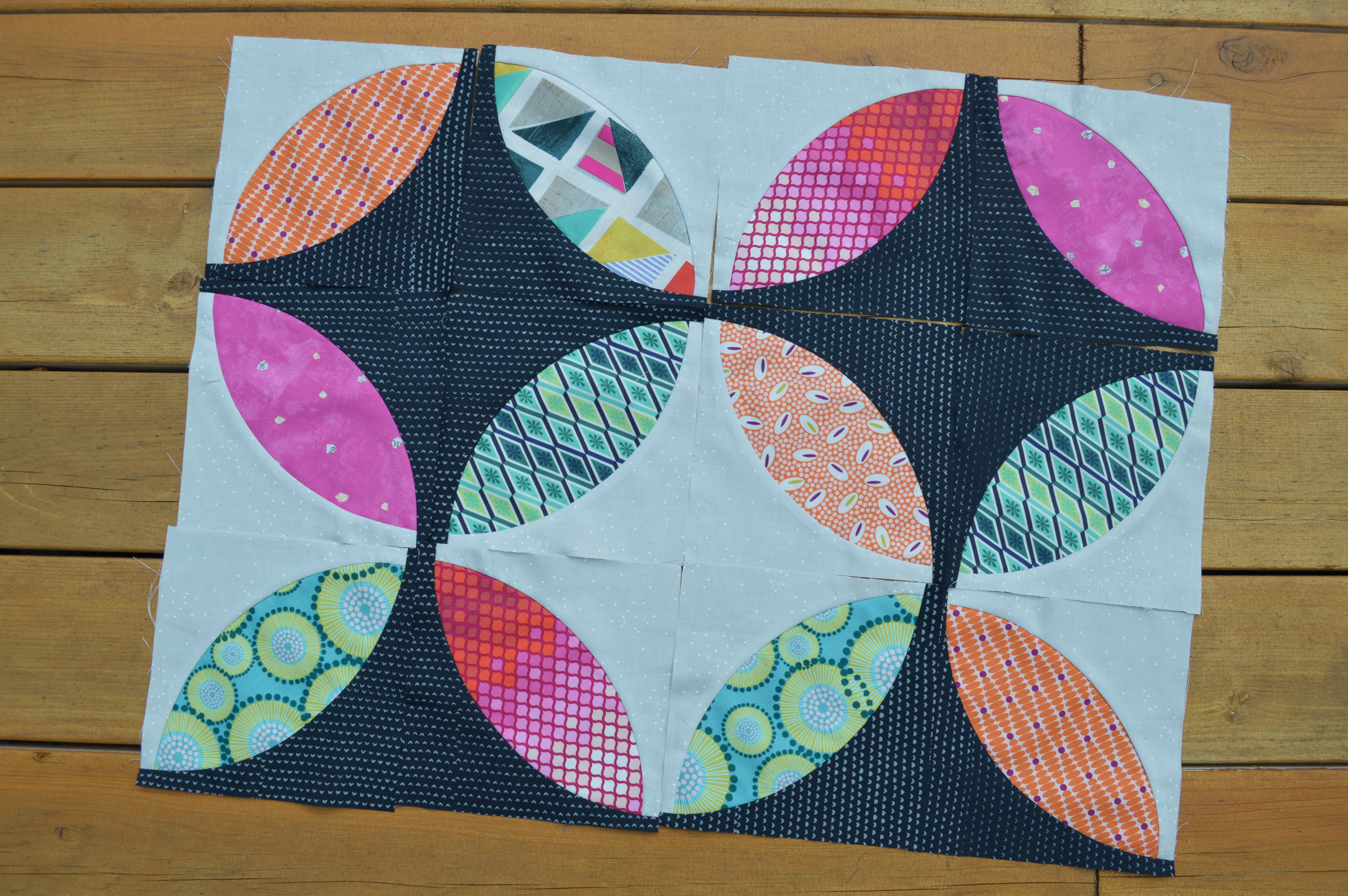 Eclipse quilt piecing, pattern by Sharon McConnell, colorgirlquilts, using fabrics by Tula Pink, Zen Chic, Cotton and Steel
