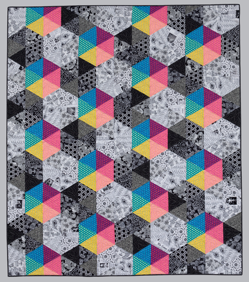 black and white and colorful quilt by Jackie Kunkel, pattern in book, "splash of color"