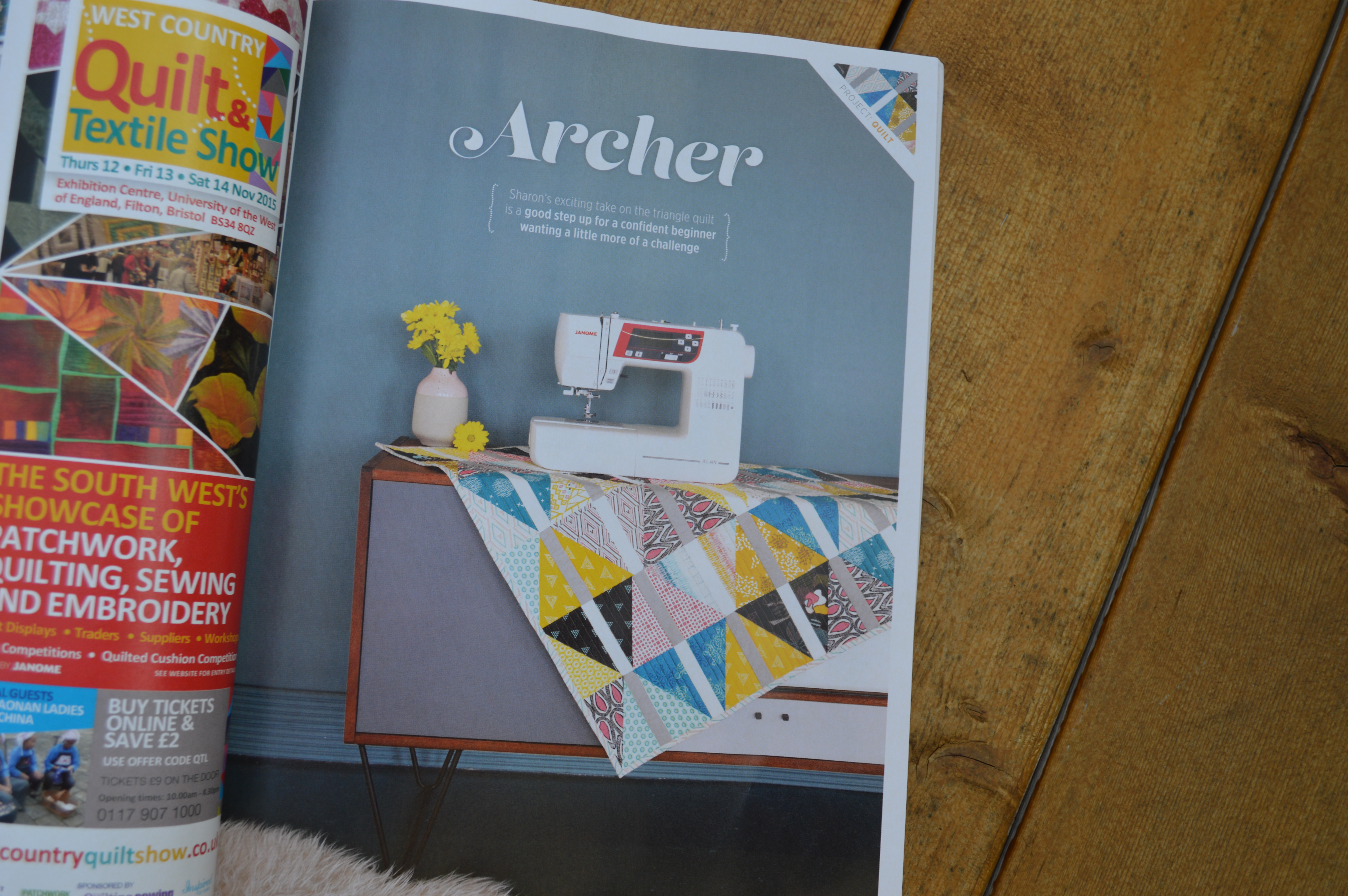 quilt now magazine issue 15 featuring Archer Quilt by Sharon McConnell, fabrics by Art Gallery fabrics