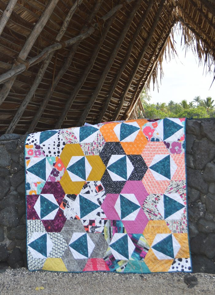 Trillium quilt by Sharon McConnell, hexagons and triangles, modern patchwork quilt