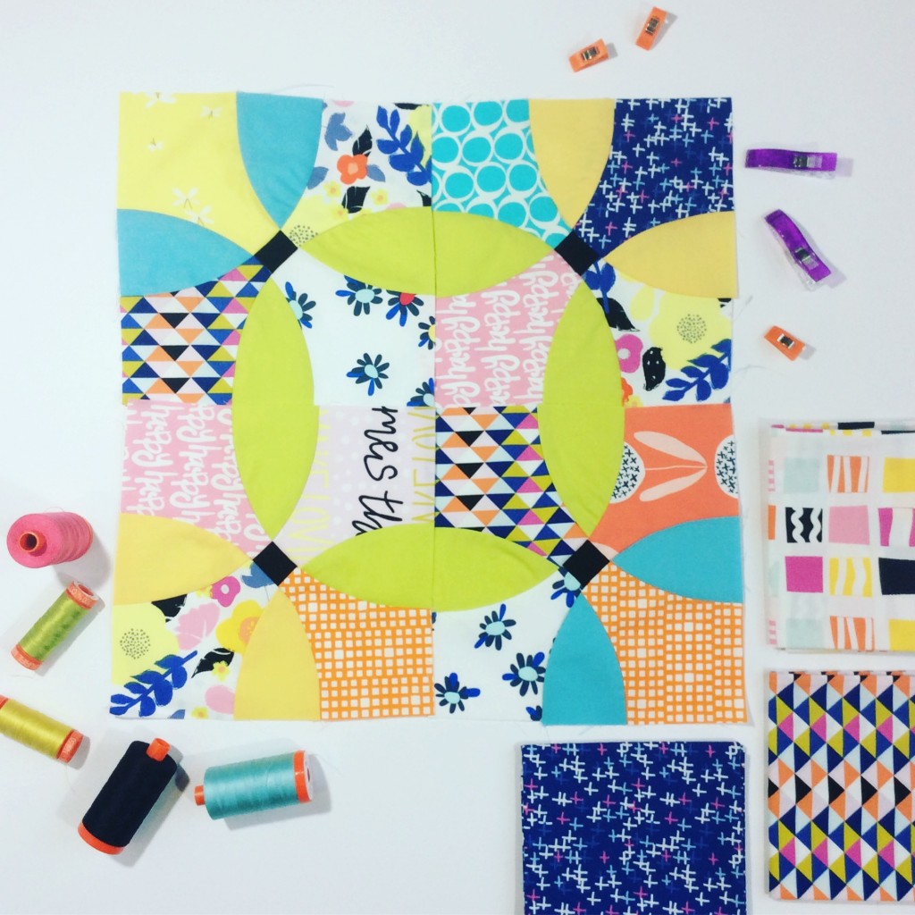 Flowering Snowball quilt block with Art Gallery Fabrics, modern traditional patchwork