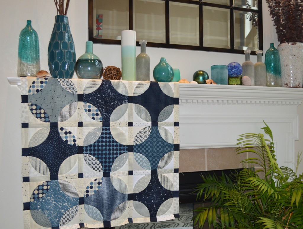 indigo quilt design by Sharon McConnell with curved piecing and Moda Fabrics