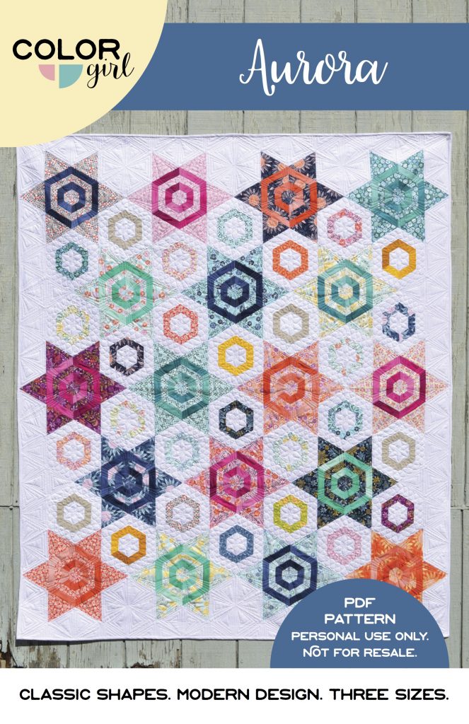 Aurora quilt pattern cover, modern hexagon star patchwork quilt by Color Girl Sharon McConnell
