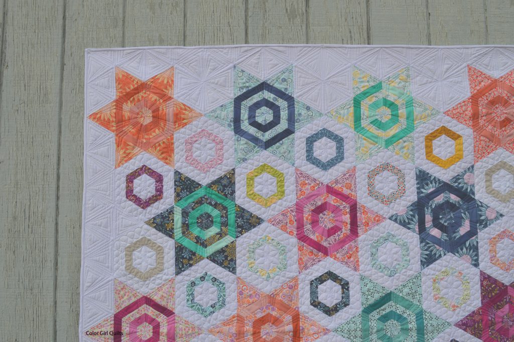 Aurora Quilt, hexagon star pattern by color girl sharon mcconnell, with fabrics by Kate Spain for Moda fabrics
