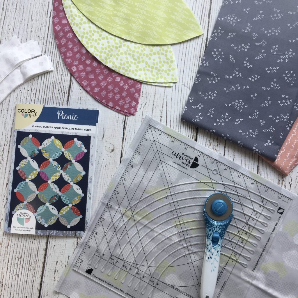 Picnic Quilt with Improv Fabrics by Benartex Fabrics. Pattern by Sharon McConnell with Classic Curves Ruler