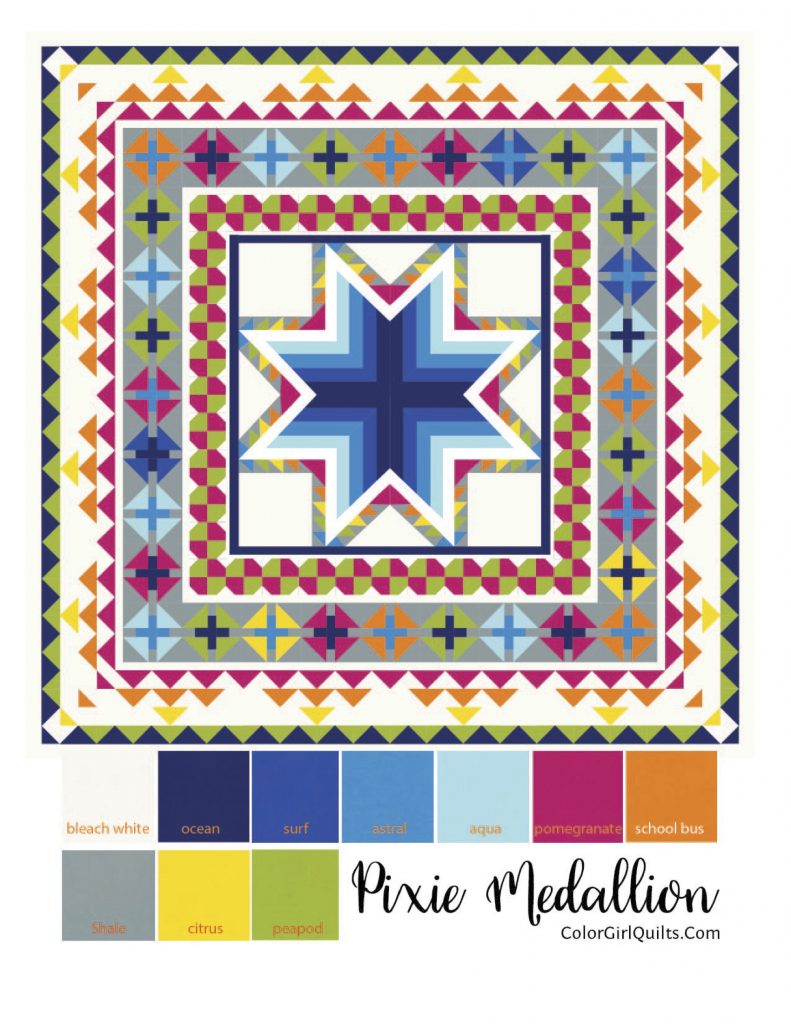 Pixie Medallion quilt pattern by Color Girl quilts in primary colors, Kona cotton solids