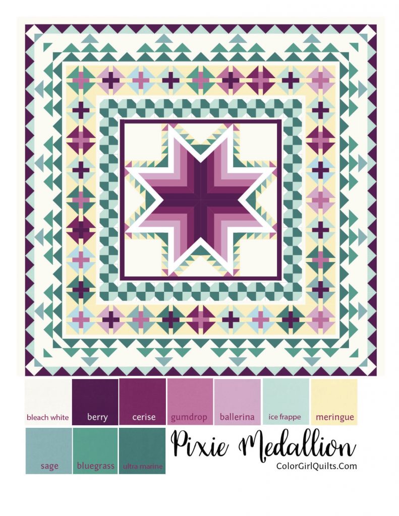 Pixie Medallion quilt pattern by Color Girl quilts in blueberry colors, Kona cotton solids