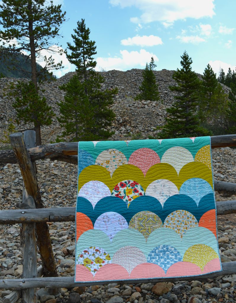 Mermaid quilt pattern by Color Girl quilts, with the Classic Curves Ruler, modern curved piecing quilt with Art Gallery Fabrics