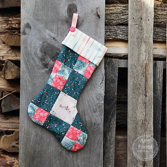handmade stocking made by Amy Friend with Art Gallery fAbrics