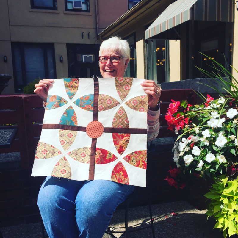 Sue and her Whimsy Garden quilt block, pattern by Color Girl Quilts