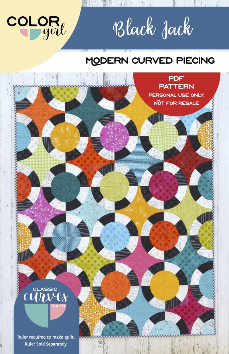BlackJack quilt pattern by Color Girl. Modern, easy curved piecing quilt for the Classic Curves Ruler