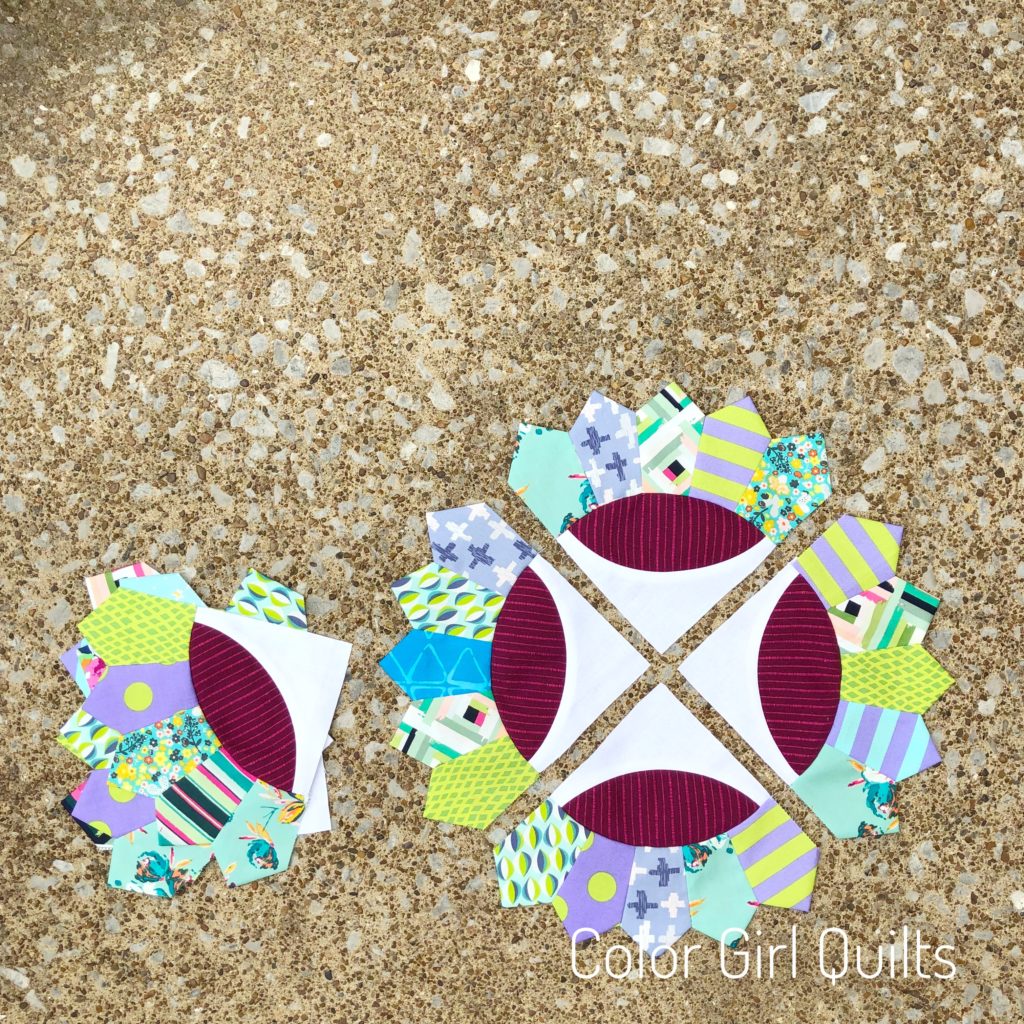 Making Dresden quilt, EZ Dresden ruler, Alison glass fabric. color girl quilts