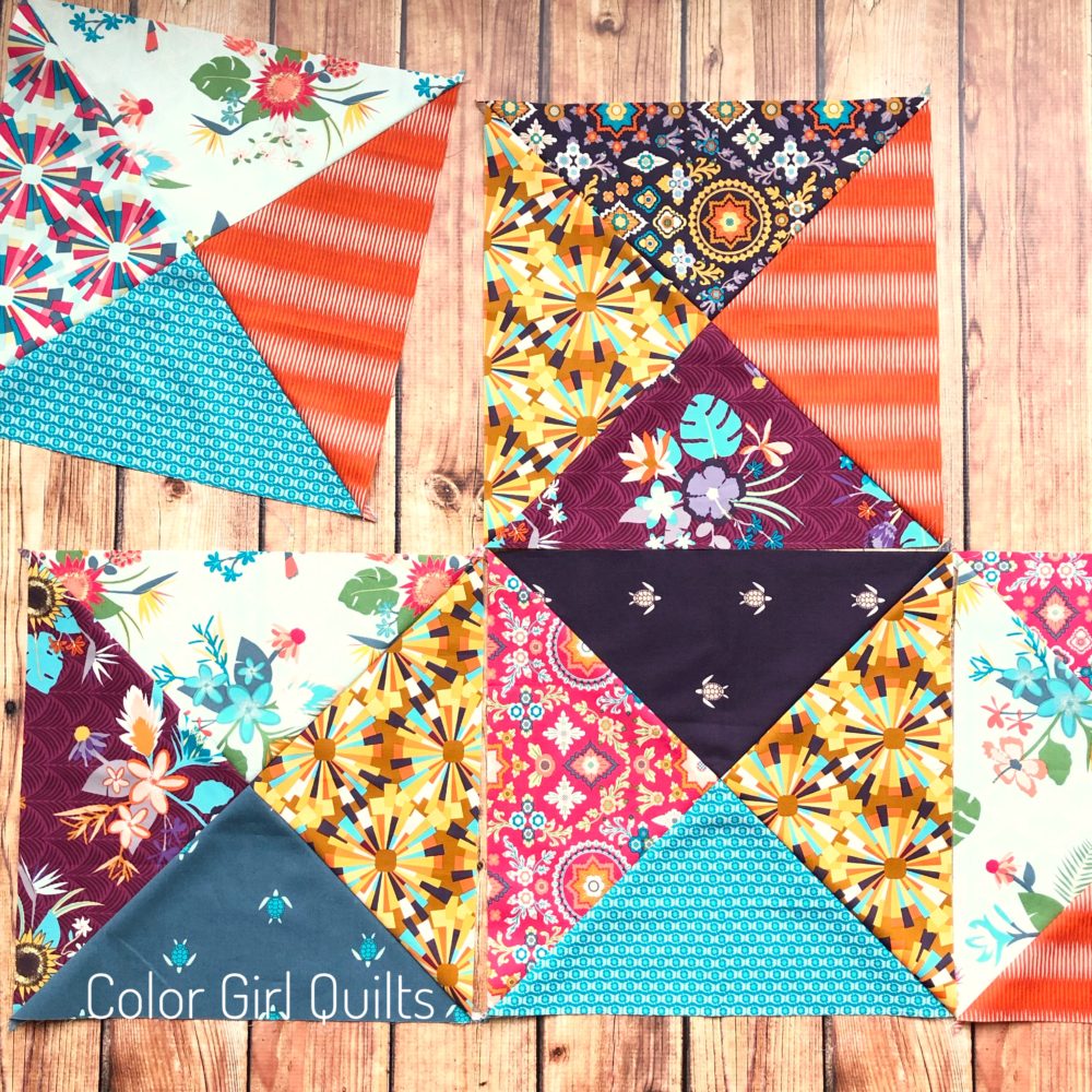 Aura fabrics, hourglass quilt blocks, scrappy quilt